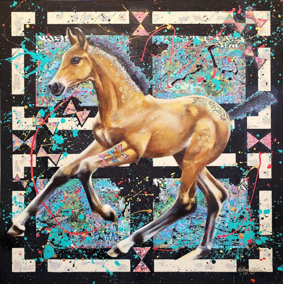 A mixed media painting of a running buckskin filly