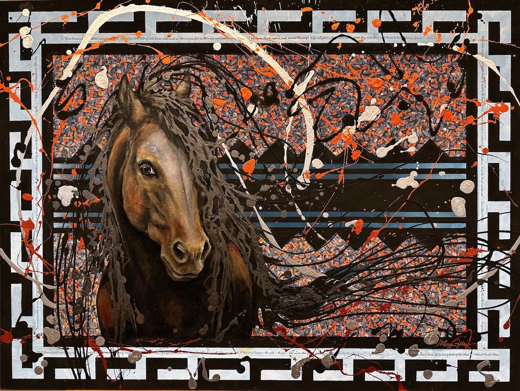 Wild Horse Portrait on patterned Background
