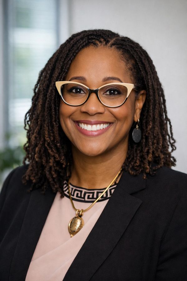 Smiling woman with glasses and dreadlocks in professional attire.