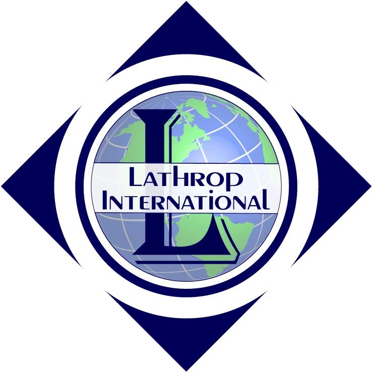 Logo of Lathrop International with a globe and diamond shapes.