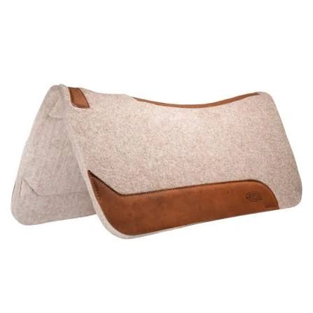 Beige felt saddle pad with brown leather accents for horseback riding.
