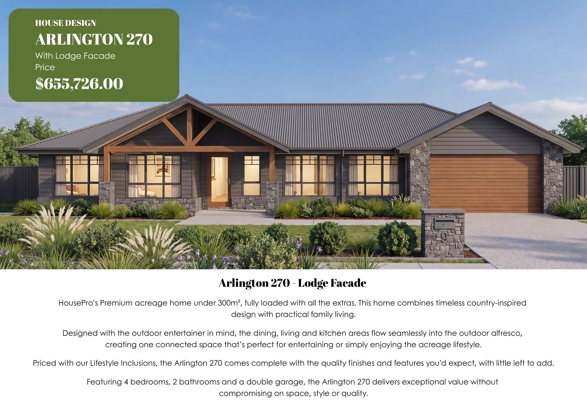 Modern single-story house with lodge facade, priced at $655,726.