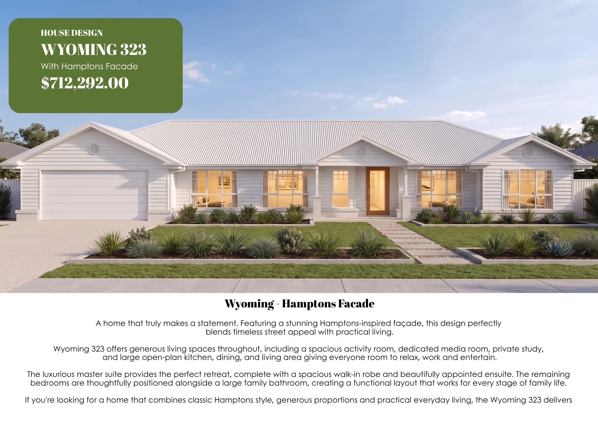 Modern Hamptons-style Wyoming 323 house with white facade and well-manicured lawn.