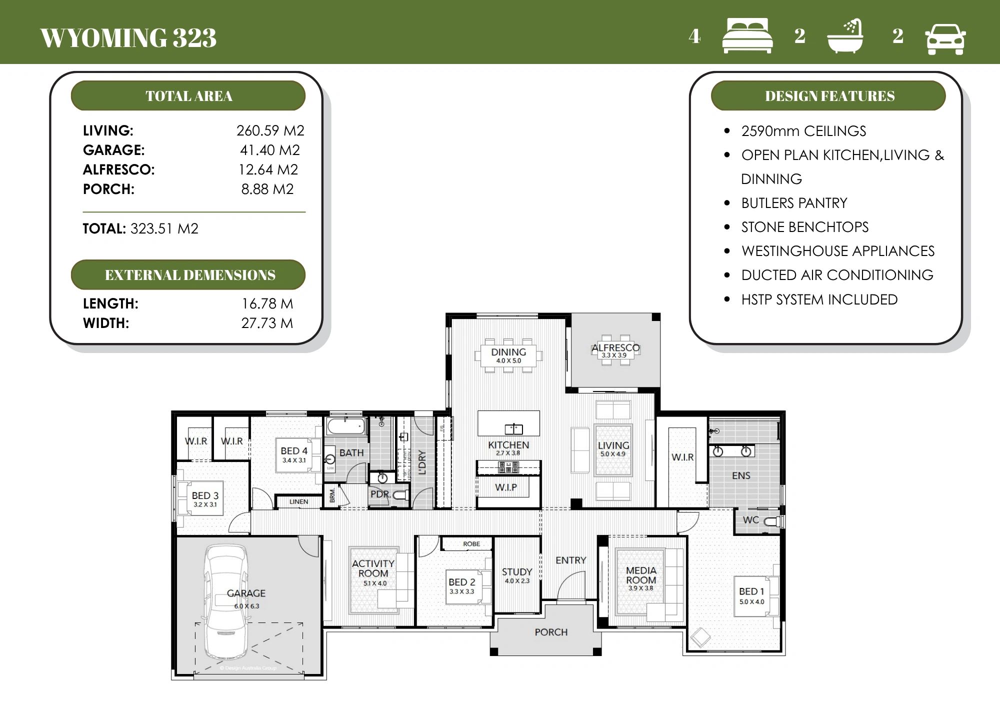 Floor plan of Wyoming 323 with 4 bedrooms, 2 bathrooms, and 2 garages.