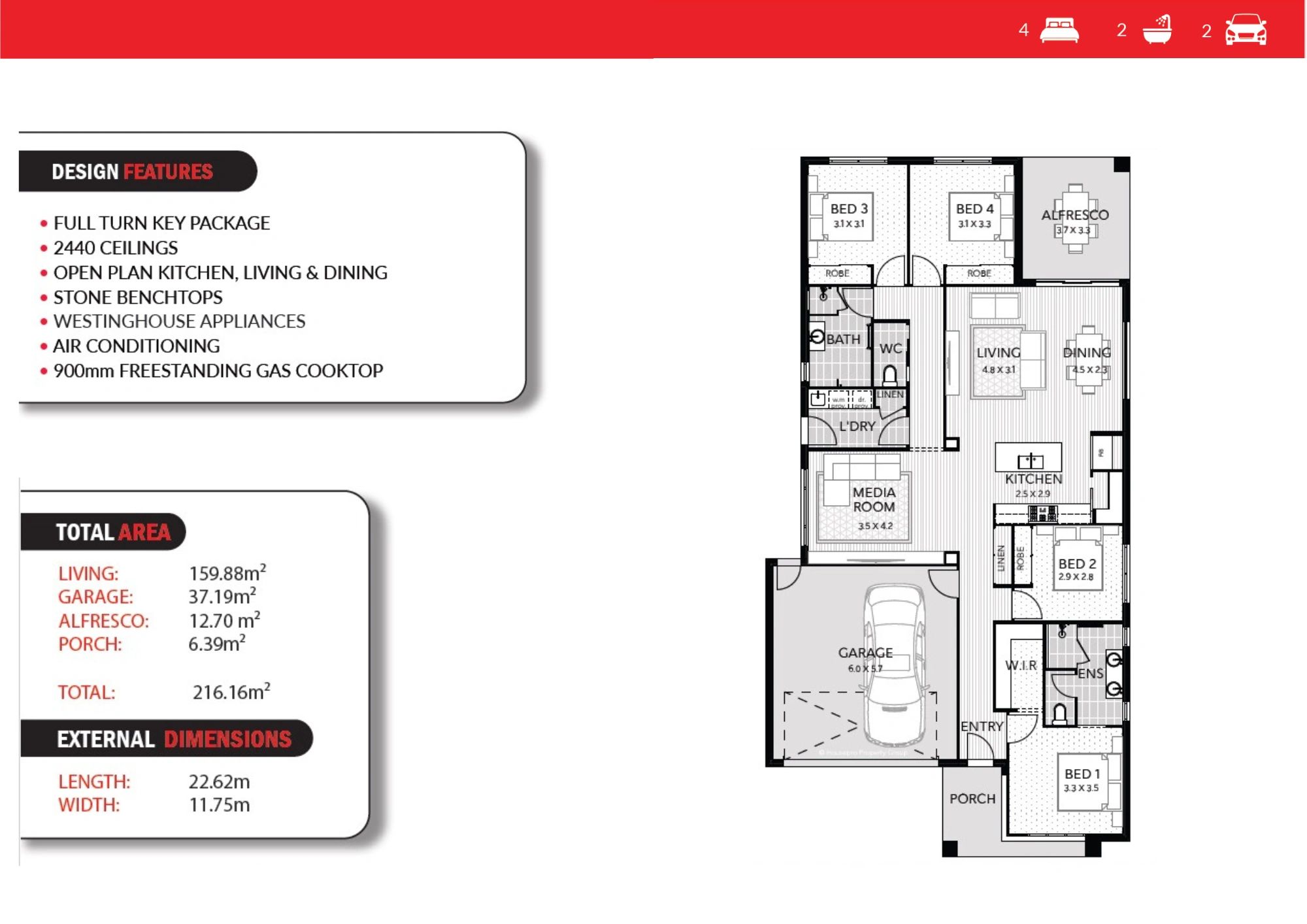 Floor plan of a 4-bedroom house with open living, kitchen, dining, and garage.