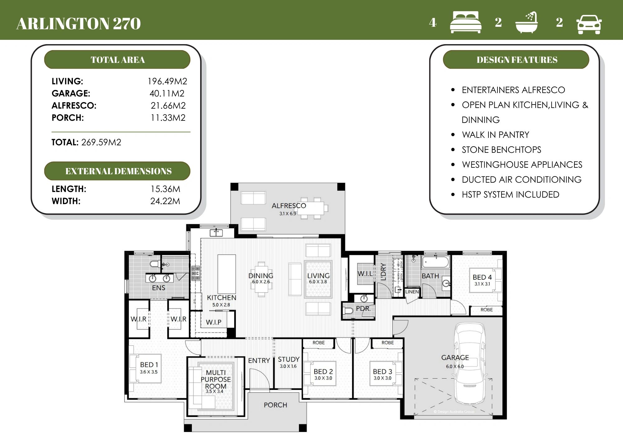 Floor plan of Arlington 270 house with 4 beds, 2 baths, and 2-car garage.