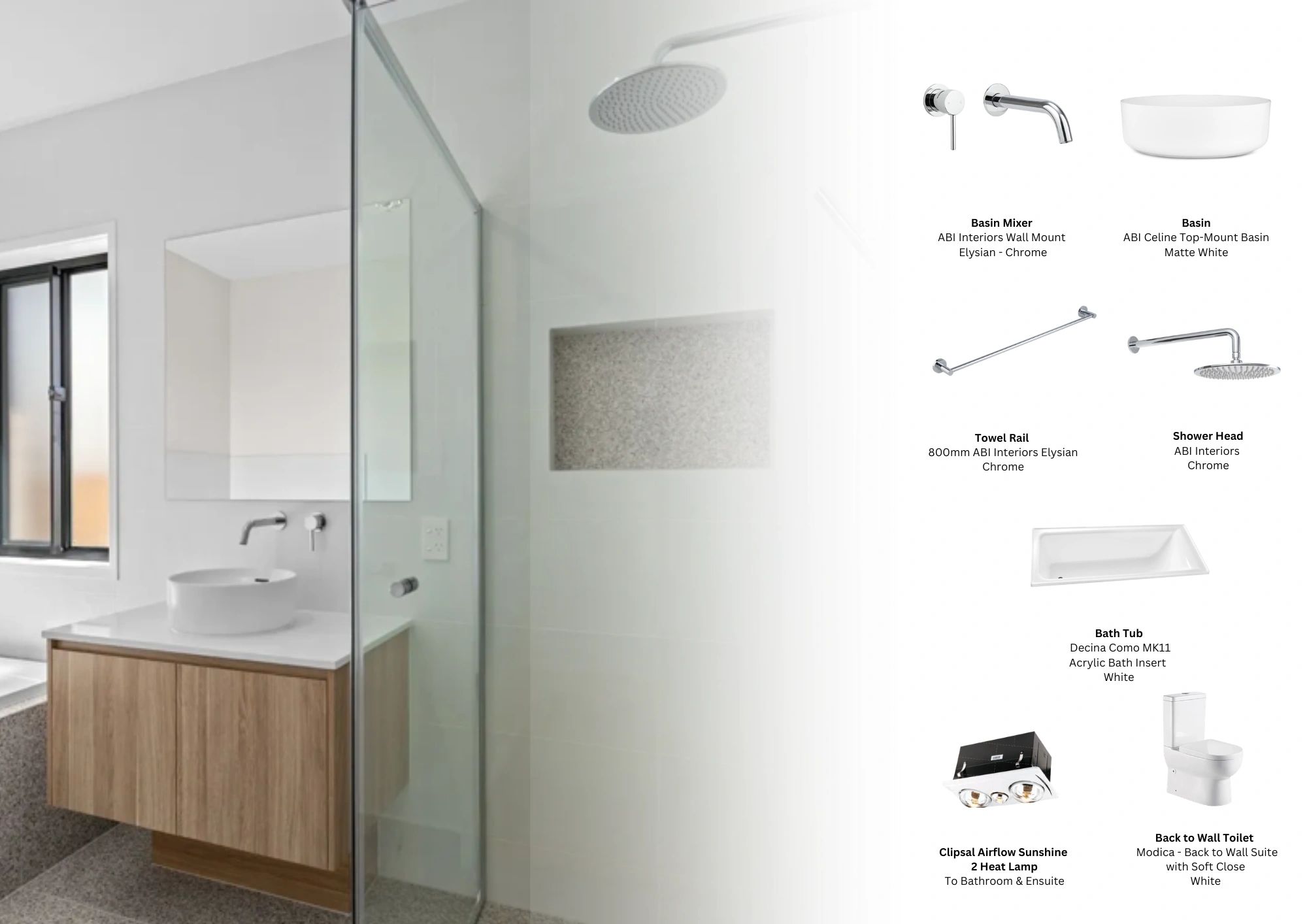 Modern bathroom with wooden vanity, white basin, and glass shower enclosure.