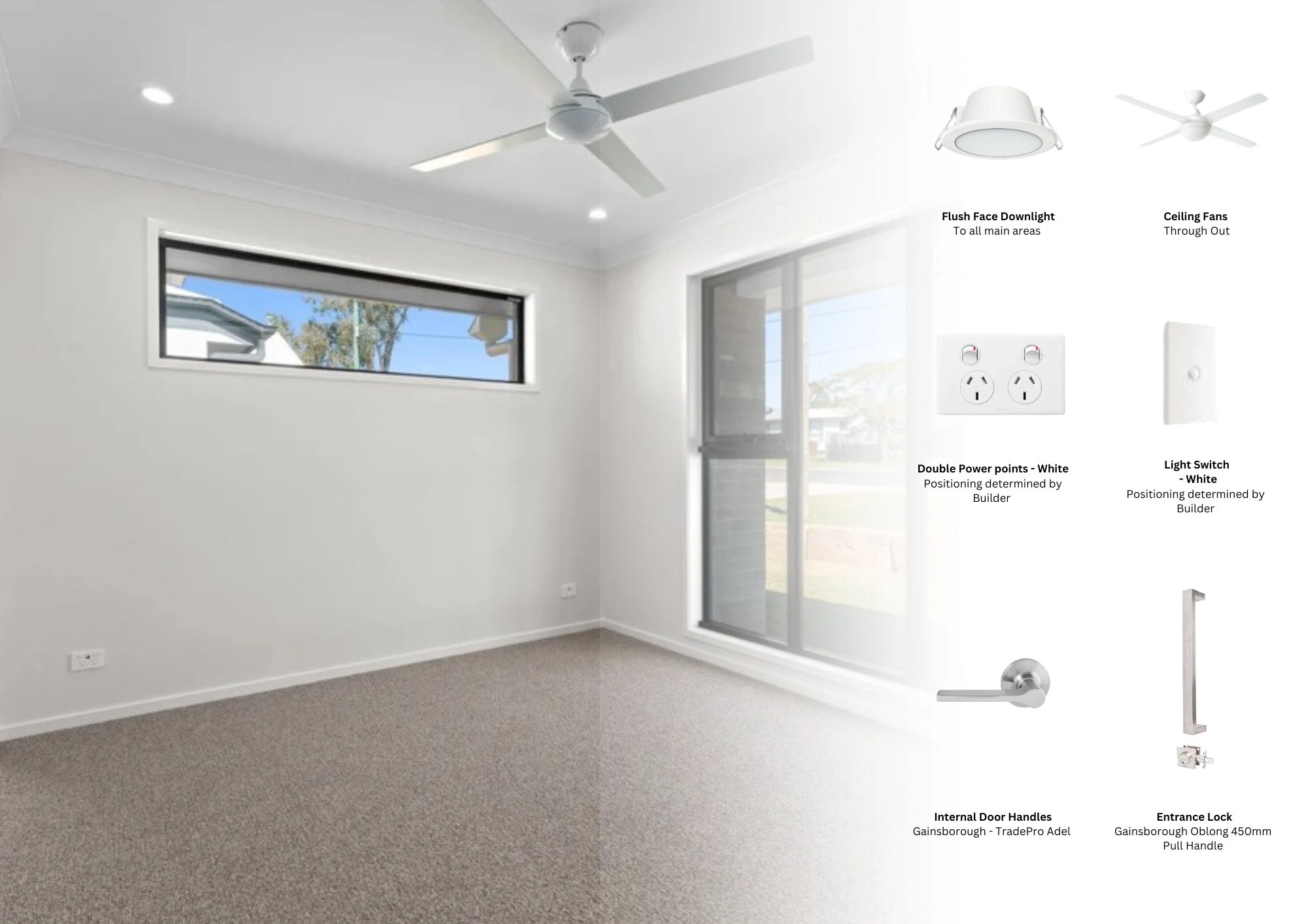 Empty room with ceiling fan, window, and carpeted floor.