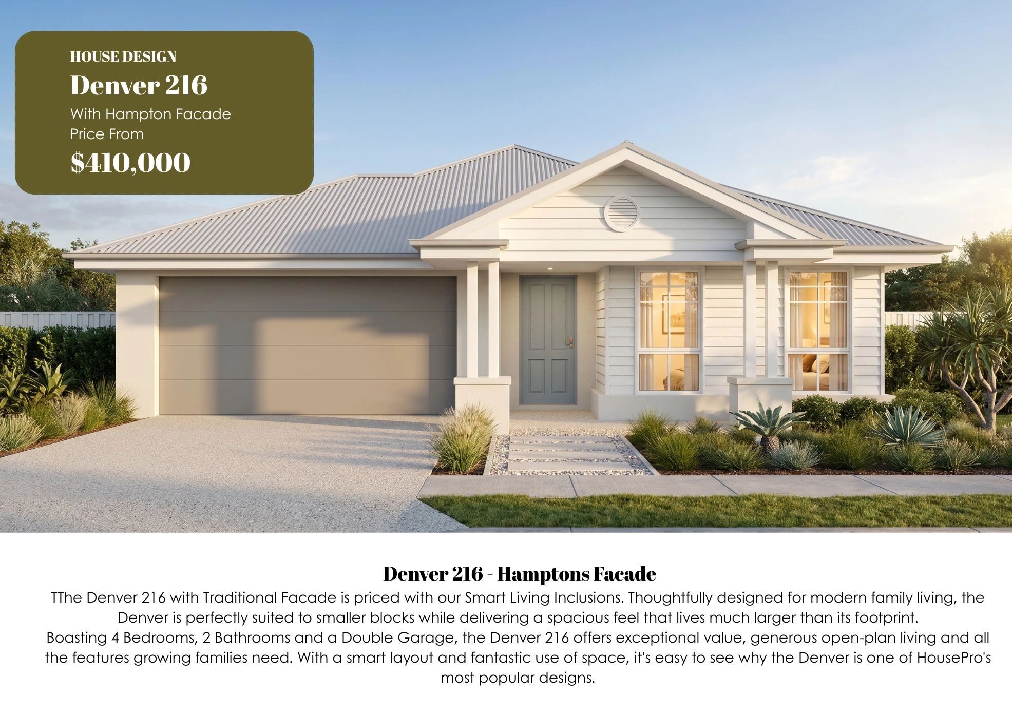 Modern Denver 216 house with Hampton facade and double garage.