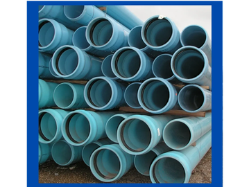 Stack of blue PVC pipes.