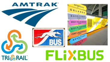 Collage of logos and signs from Amtrak, Greyhound, Tri-Rail, FlixBus, and Brightline bus services.