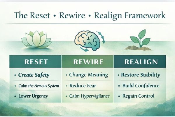 Diagram explaining the Reset, Rewire, Realign framework with key steps for each phase.