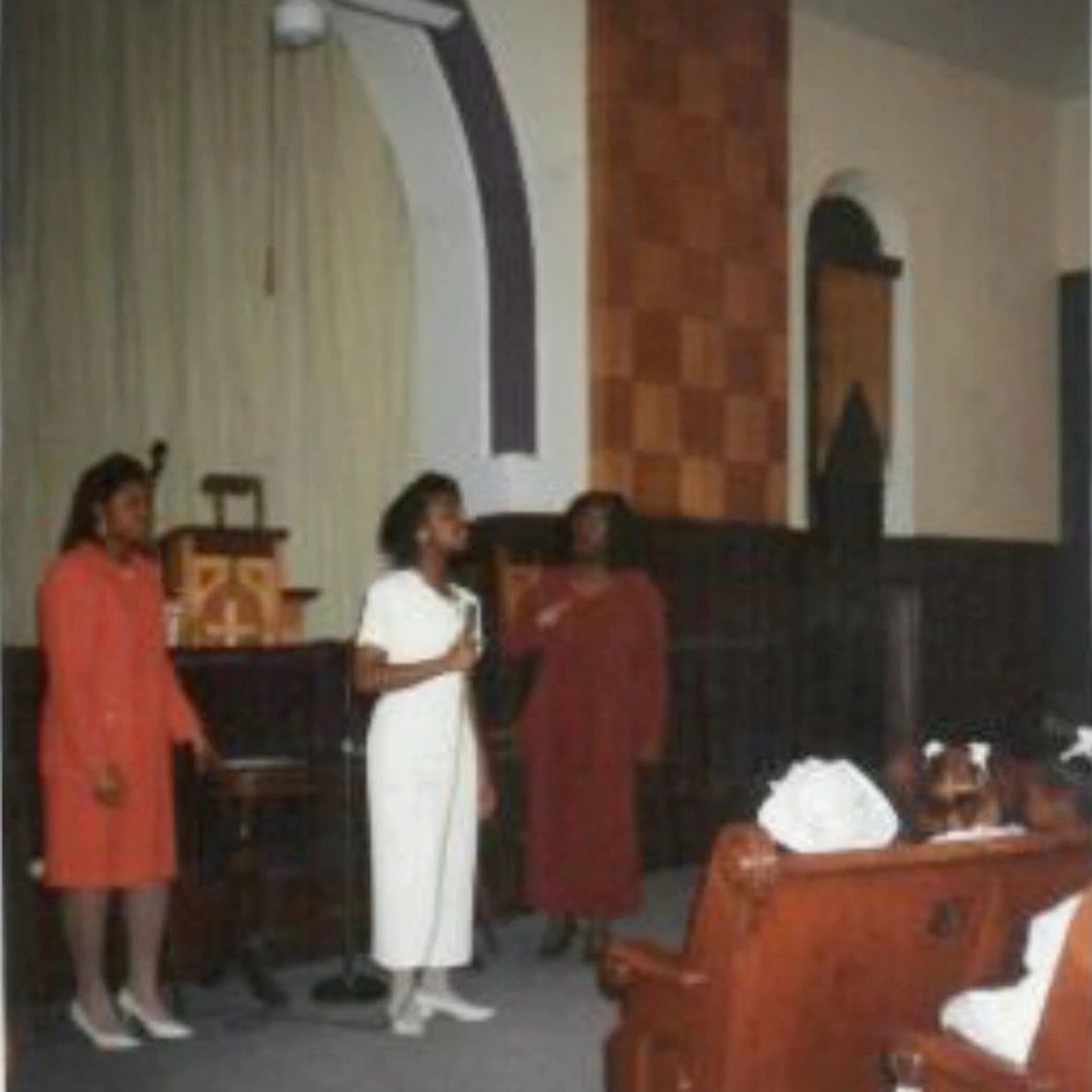 Erika Gault [center] in white dress reciting a poem, Easter Sunday 1996, Rochester, NY