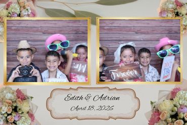Kids having fun with props at Edith and Adrian's wedding photo booth.