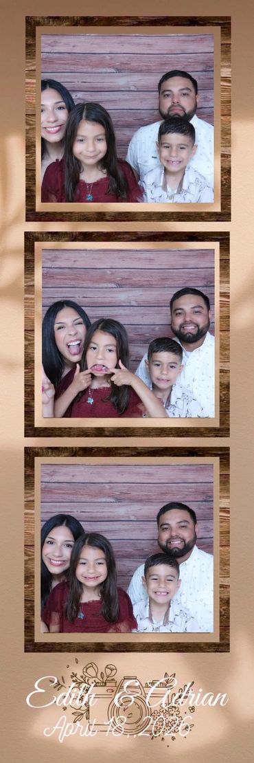 A happy family posing for playful and smiling photo booth pictures.