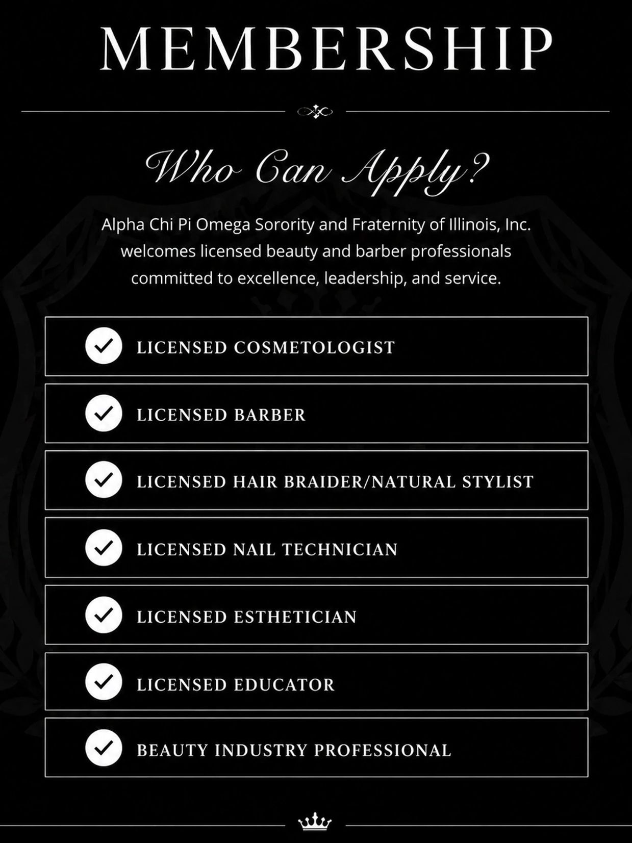 Membership application criteria for licensed beauty and barber professionals.