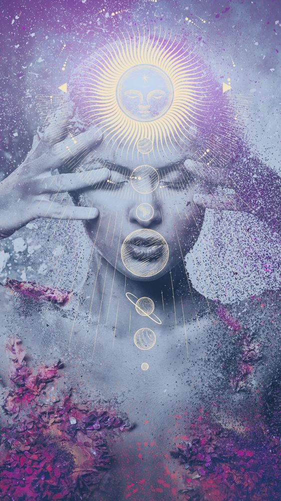 Surreal portrait with cosmic elements and vibrant purple splashes.