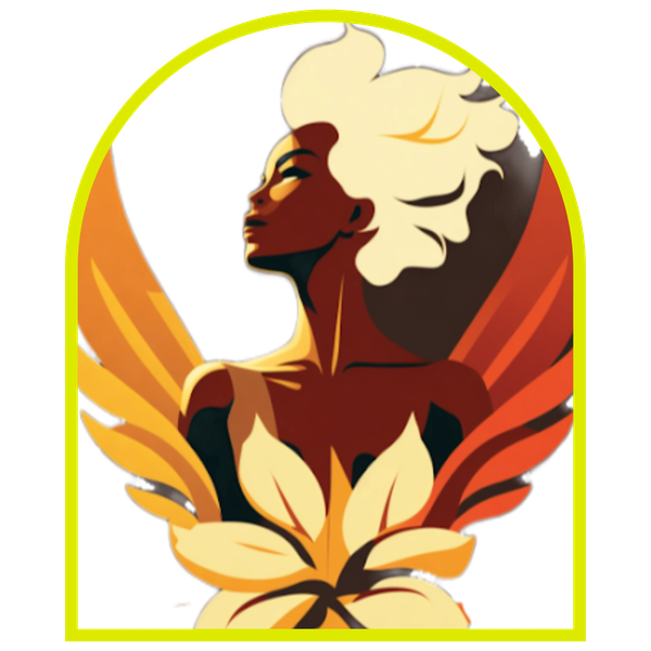 Artistic illustration of a woman with fiery wings and white hair.