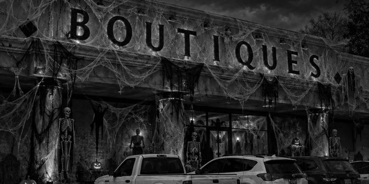 Halloween-themed boutique with spooky decorations and skeletons.