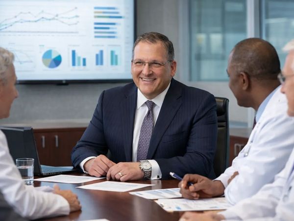Businessman in a suit leading a meeting with professionals.