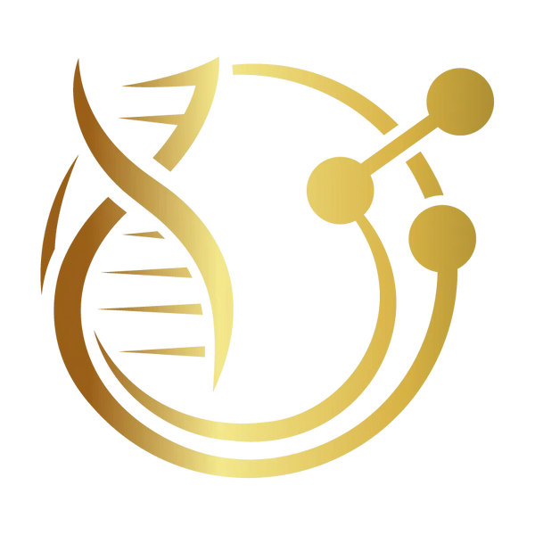 Golden DNA helix and molecular structure icon on black background.