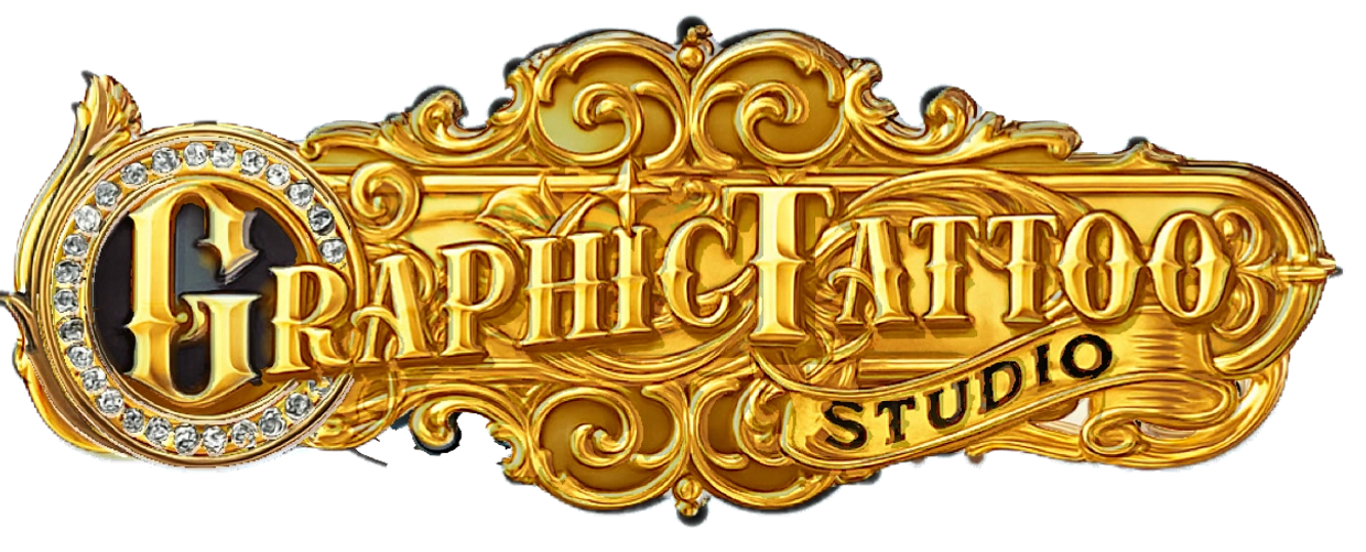 Graphic Tattoo Studio gold logo.  Custom made graphic design by owner 