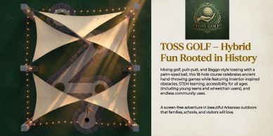 Toss Golf outdoor setup with sails and lights.