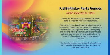 Advertisement for kid birthday party venues in Cabot with fun zones and packages.