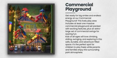 Commercial playground with slides, swings, and climbing structures, vibrant and lively.