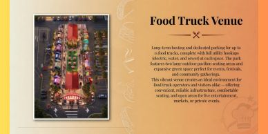A vibrant food truck venue with parking and seating areas.