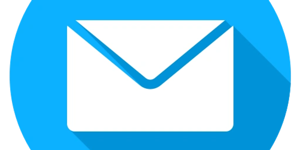 White envelope icon on a blue circular background.