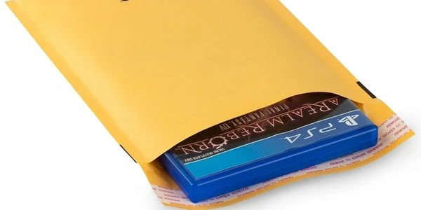 A padded envelope containing a PS4 game case.