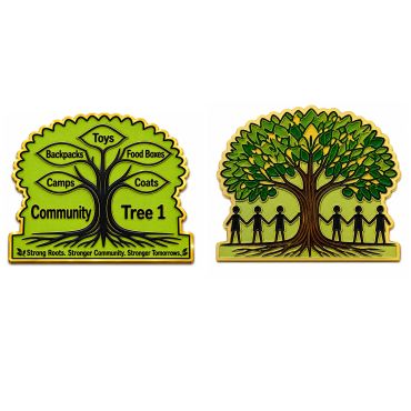 Two green community tree illustrations with roots and people.