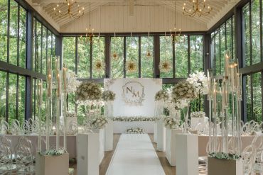 Elegant wedding setup with floral decorations and candles.