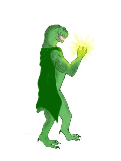 Reptilian Serpil with large teeth-filled mouth holding a shining piece of NRG in his 3 fingered claw
