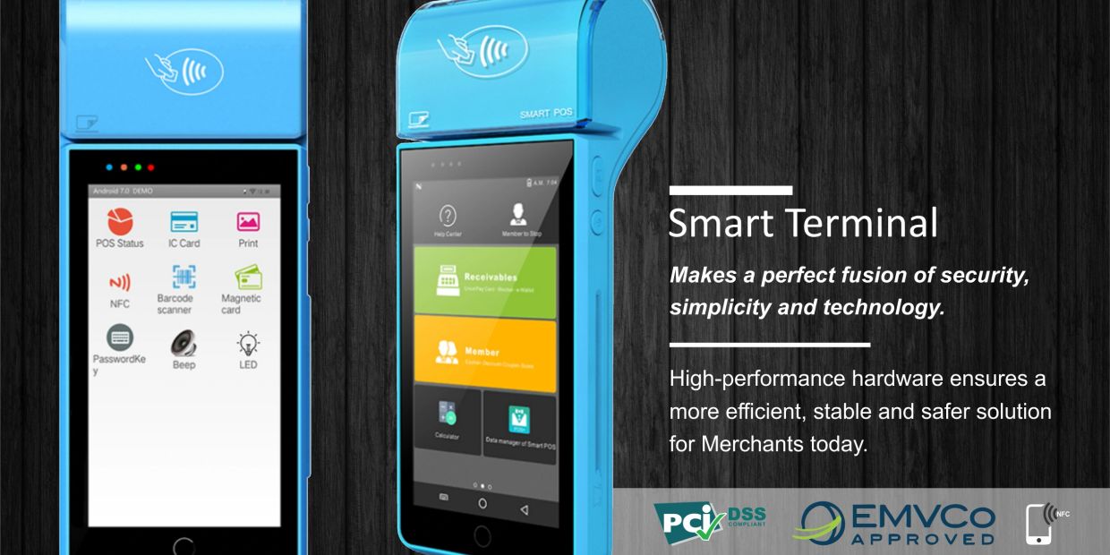 Blue smart payment terminals showcasing security and technology features.