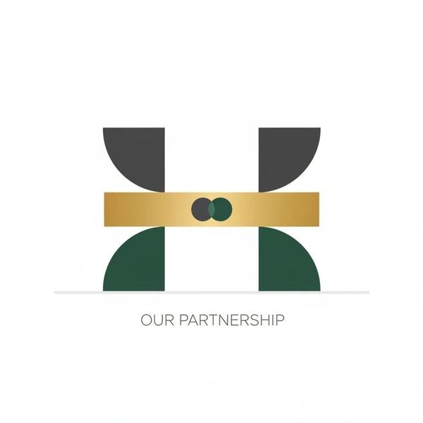 Stylized logo representing partnership with geometric shapes and a gold band.