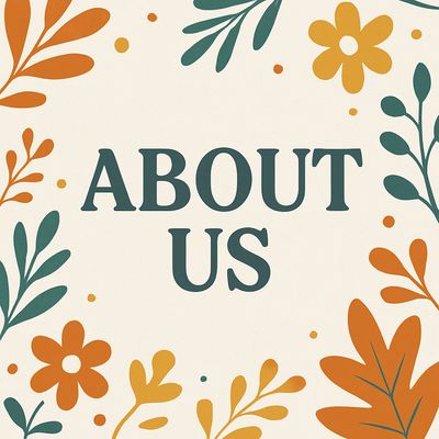 The image is a about us plaque with decorative flowers