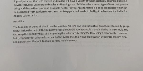 Instructions on humidity control for reptile and spider tanks.