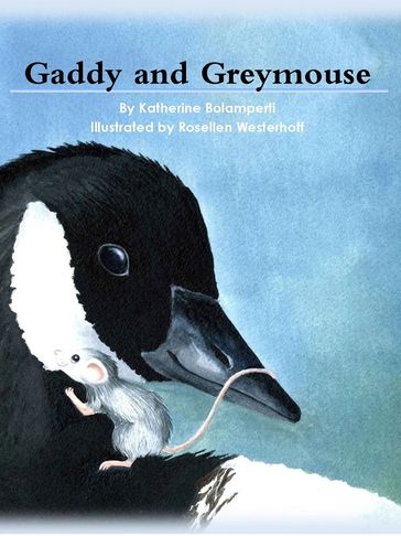 A close-up of a black and white goose with a small gray mouse against a blue background.