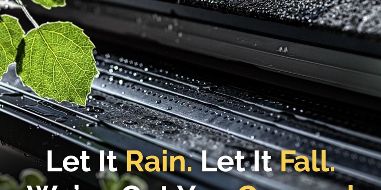 Close-up of wet leaves and a rain-covered surface with text 'Let It Rain. Let It Fall.'