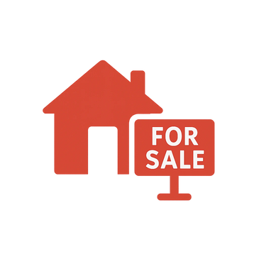Red house icon with a 'For Sale' sign beside it on a gradient background.
