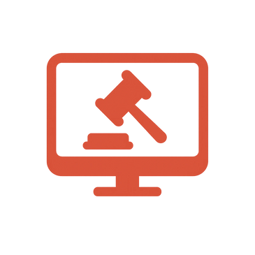 Red computer screen with a gavel icon symbolizing online legal actions.