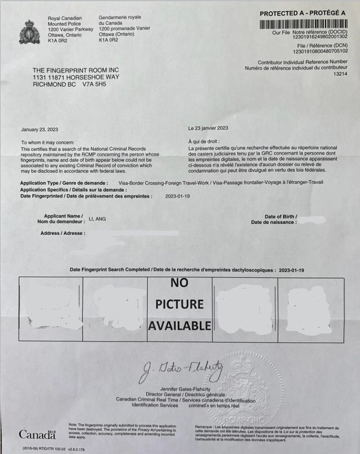 The RCMP police clearance certificates of No criminal record for Mr. Li.