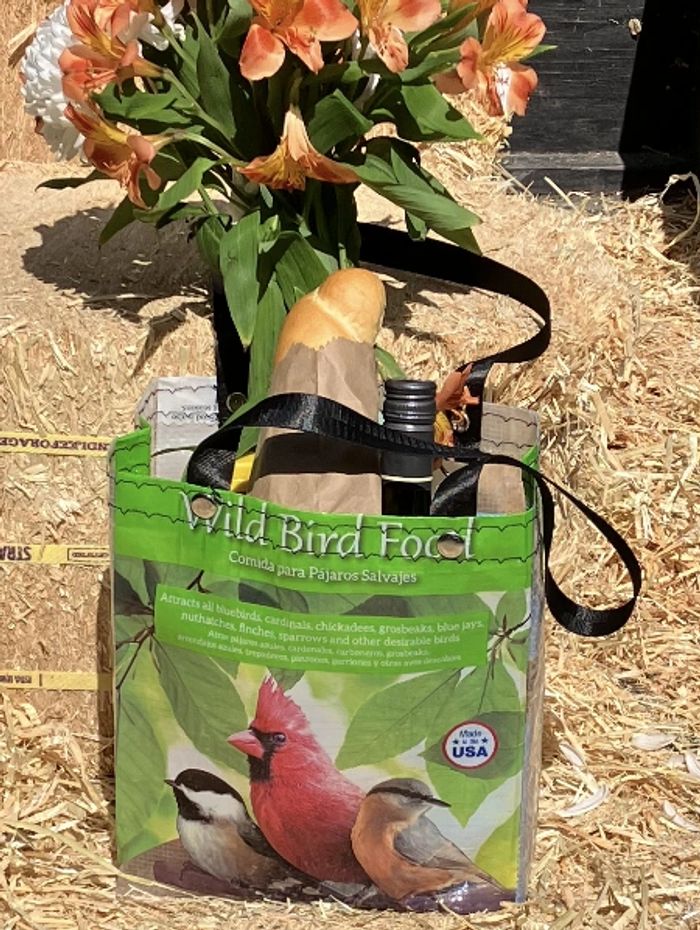 Photo depicts Handcrafted Wild Bird Feed tote with black handles, used as a grocery tote.