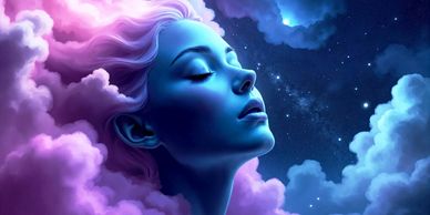 A serene blue woman surrounded by pink and blue clouds under a starry night sky.
