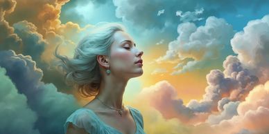 A serene woman with closed eyes, immersed in a dreamy sky full of colorful clouds.
