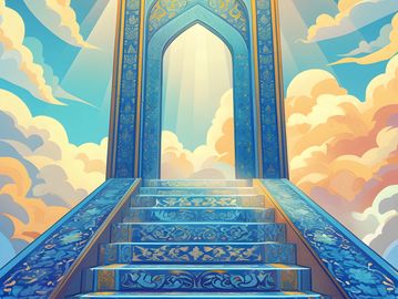 A majestic blue staircase ascending into a glowing archway among clouds.