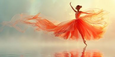 Graceful ballerina in flowing orange dress dancing on reflective water surface.