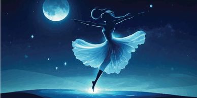 Silhouette of a ballerina dancing under a glowing moonlit sky.